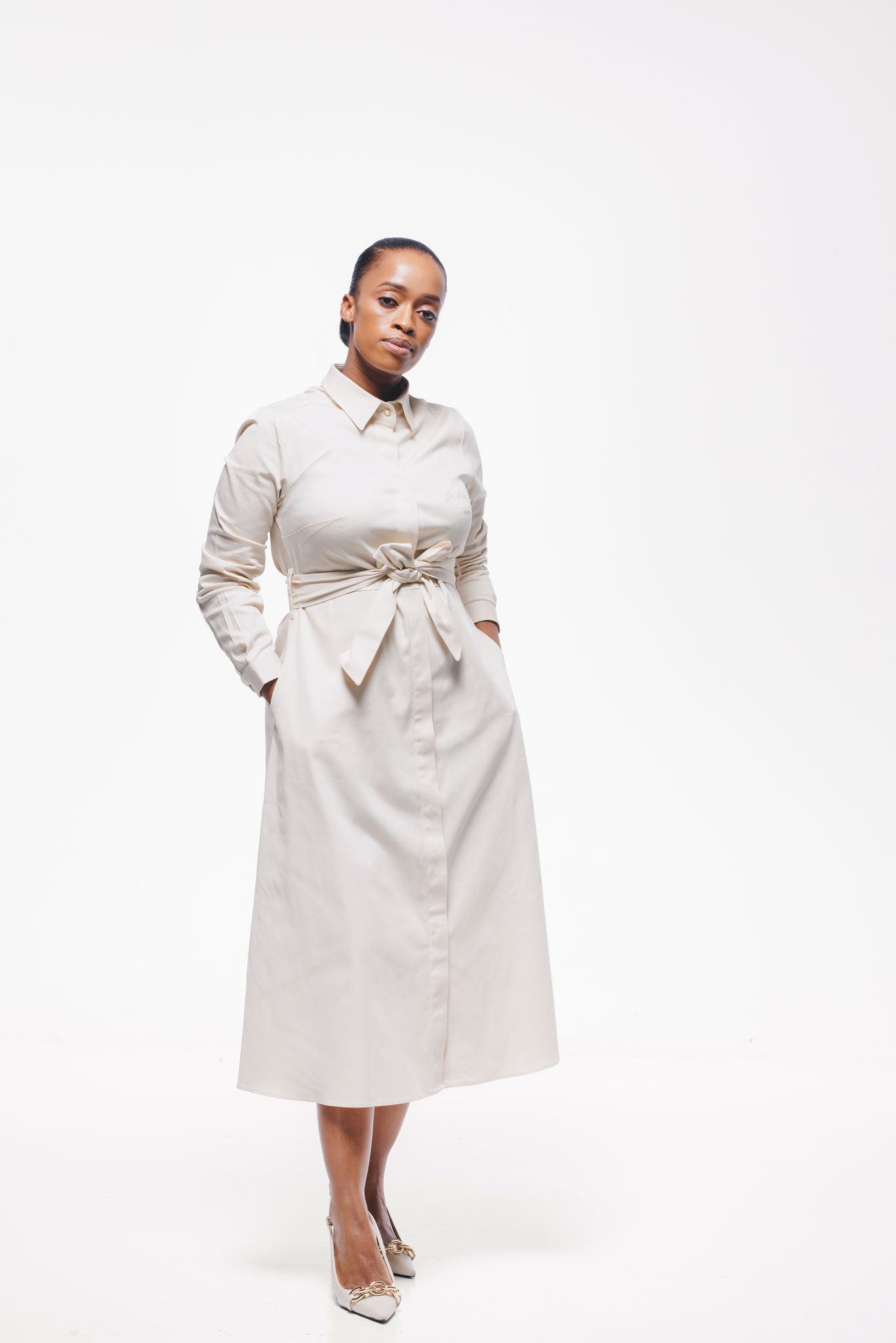 Long Sleeve Shirt Dress - Beige