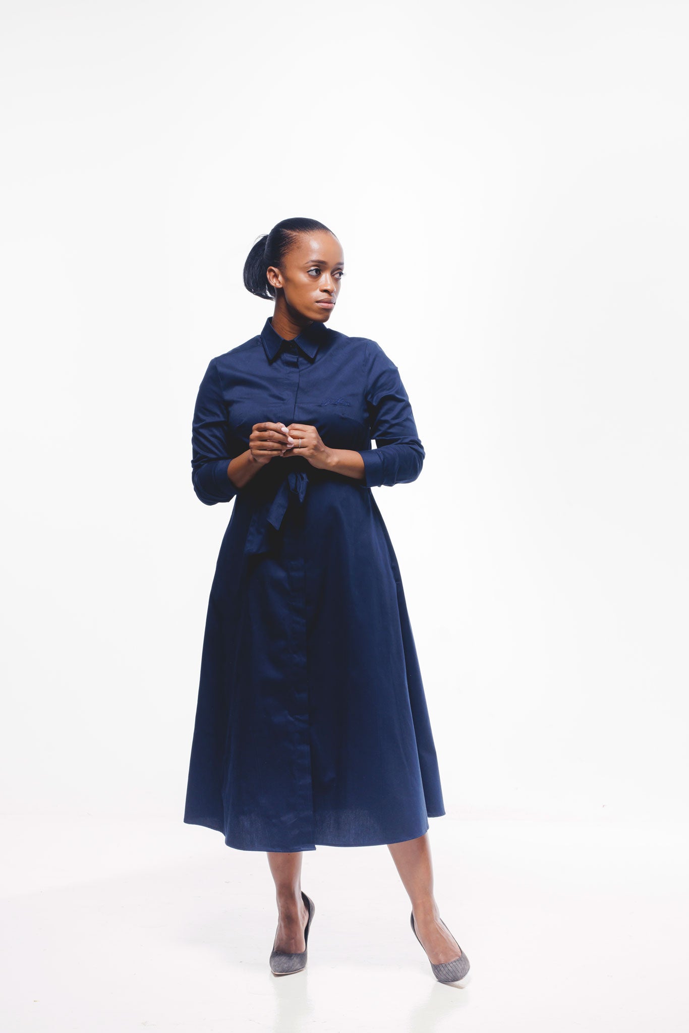 Long Sleeve Shirt Dress - Navy Blue