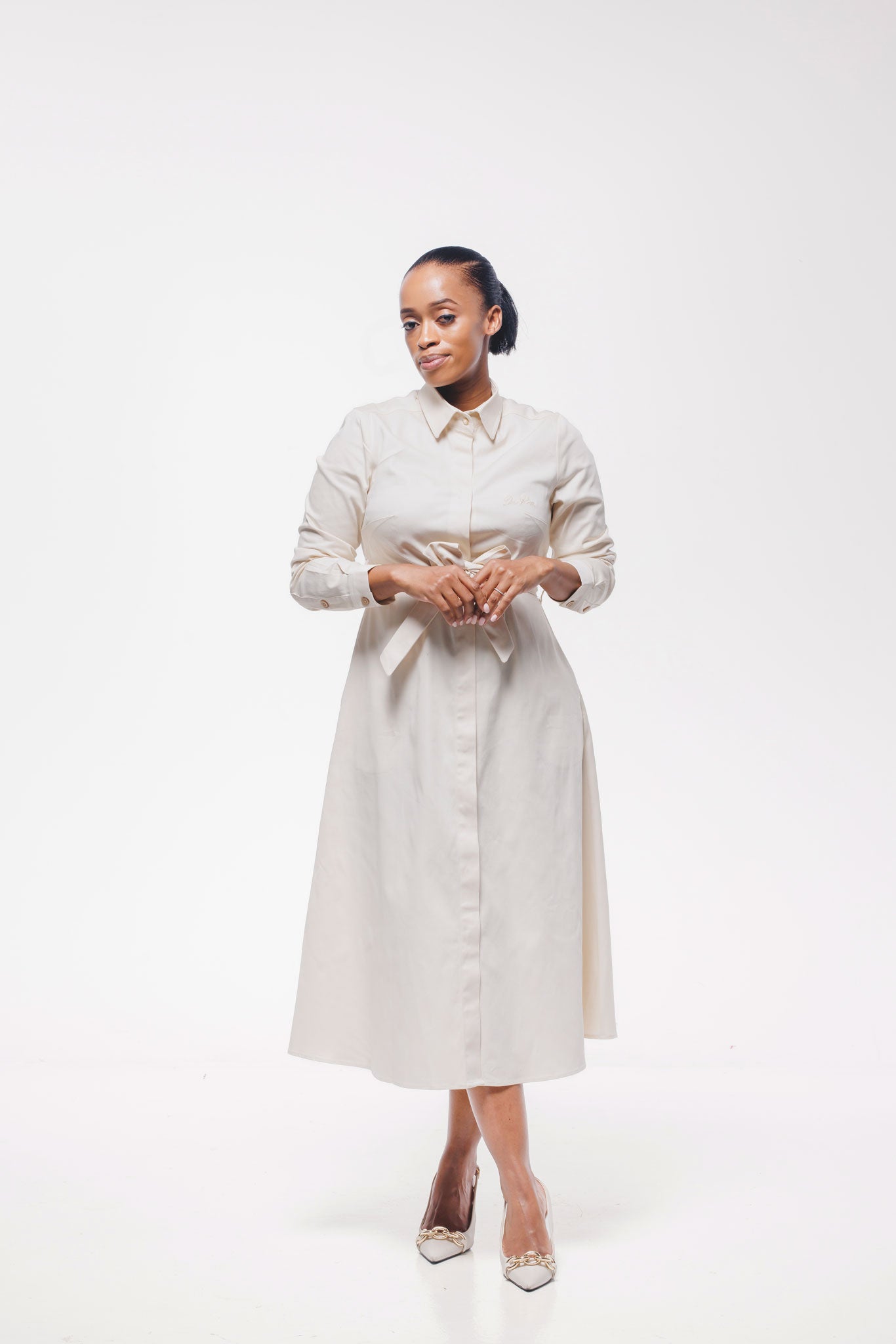 Long Sleeve Shirt Dress - Beige
