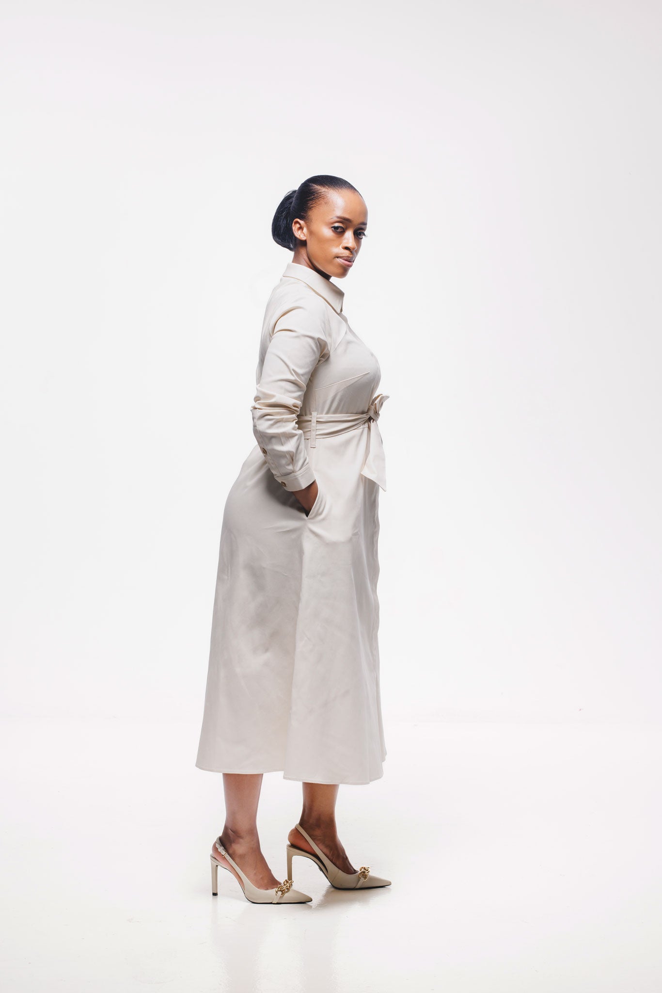 Long Sleeve Shirt Dress - Beige