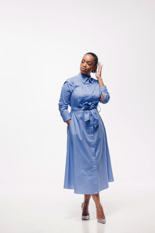 Long Sleeve Shirt Dress -Light Blue