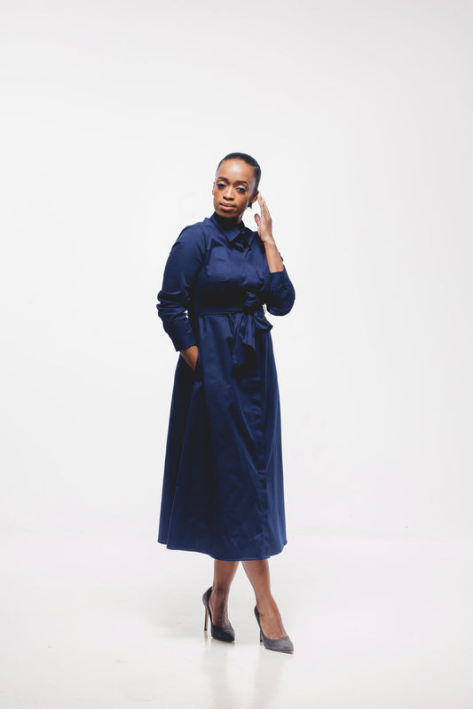 Long Sleeve Shirt Dress - Navy Blue